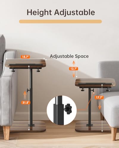 TV Tray Table with Adjustable Height & 360° Swivel Top, Walnut | End Table with Rounded Corners,Side Table for Eating, Living Room, Small Spaces