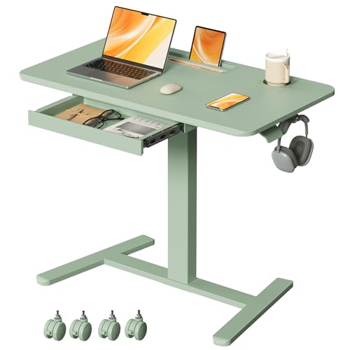 Mobile Standing Desk with Drawer, 35" Small Standing Desk with Cup Holder, Rolling Laptop Cart on Wheels, Height Adjustable Table with Storage for Home Office, Sage Green - color: Green, size: 35"