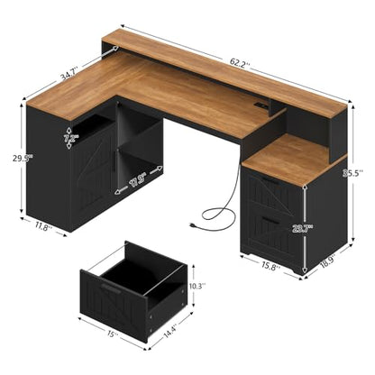 TVU Farmhouse L Shaped Desk with Drawers, 62.2" Home Office Desk with Storage Shelves and Power Outlet, L Shaped Computer Desk with Monitor Stand and Printer Shelf, Brown and Black - color: Brown and Black