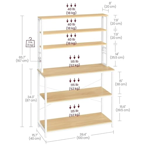 39.4 inches Bakers Rack with Storage, Small Coffee Bar Cart 6 Tiers, Microwave Stand Station with 6 Hooks, Adjustable Shelf, Freestanding Kitchen Appliance Organizer, Golden Oak