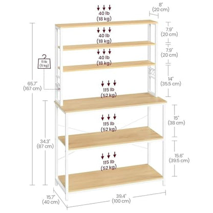 39.4 inches Bakers Rack with Storage, Small Coffee Bar Cart 6 Tiers, Microwave Stand Station with 6 Hooks, Adjustable Shelf, Freestanding Kitchen Appliance Organizer, Golden Oak