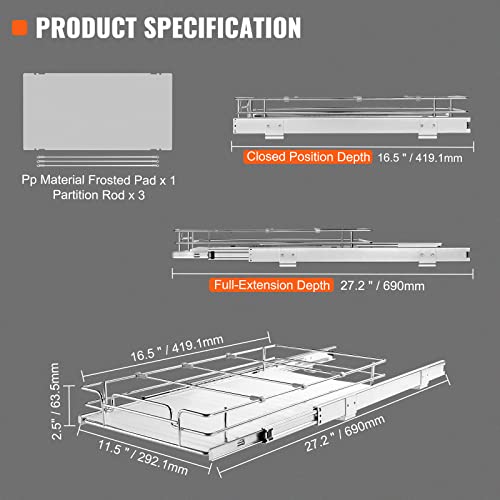 VEVOR 12.5"Wx16.5"Dx3.5"H Pull Out Cabinet Organizer, Heavy Duty Slide Out Pantry Shelves, Chrome-Plated Steel Roll Out Drawers Storage, for Home, Under Sink, 14"Wx17.5"Dx7"H Install Size for Cabinet - size: 12.5"Wx16.5"D