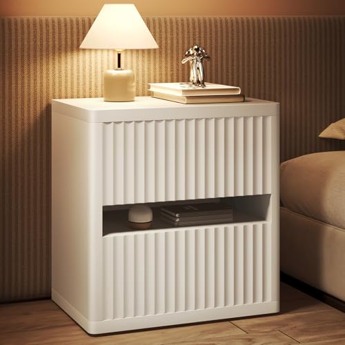 Dripex Fluted Nightstand Set of 2, 22'' Wide Night Stand with 2 Large Drawers, Mid Century Modern Wood Bedside Table with Open Shelf, Large Bed Side End Table for Bedroom, White - color: White