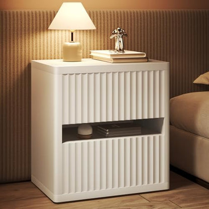 Dripex Fluted Nightstand Set of 2, 22'' Wide Night Stand with 2 Large Drawers, Mid Century Modern Wood Bedside Table with Open Shelf, Large Bed Side End Table for Bedroom, White - color: White