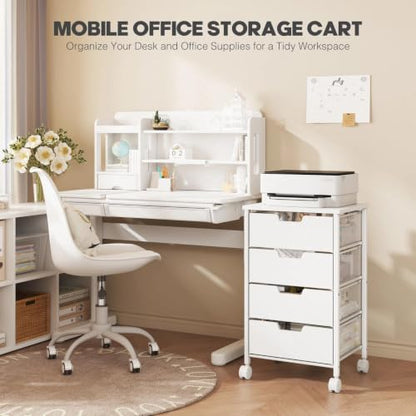 Rolling Cart with Drawers, Wooden Top and Front, with Wheels Metal Under Desk Storage Cart with 4 Drawers, for Office, Bedroom, Classroom, Home, White - color: White