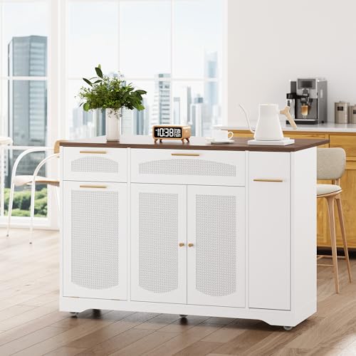 IDEALHOUSE 53.1" Rattan Kitchen Island with Storage, Rolling Dining Cart with Trash Storage Cabinet, Mobile Island Cart with Drop Leaf, Adjustable Shelves, Drawer, 5 Wheels (White) - color: White