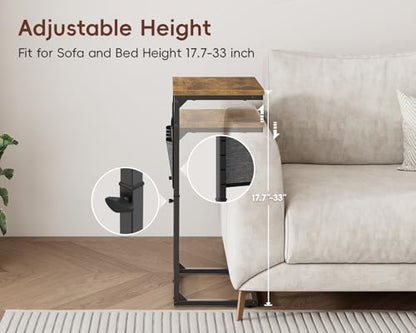 Vagusicc C-Shaped End Table with Charging Station, Small Side Table for Couch, 33" Tall C Table Adjustable Height Side Table, Couch Tables that Slide Under, Sofa Table TV Tray for Living Room, Brown - color: 1pc Rustic Brown