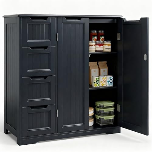 Gizoon Wooden Bathroom Floor Cabinet, Side Storage Organizer Cabinet with 4 Drawers & Double Doors, Freestanding Entryway Storage Unit Console Table, Bathroom Living Room Dining Kitchen, Black - color: Black