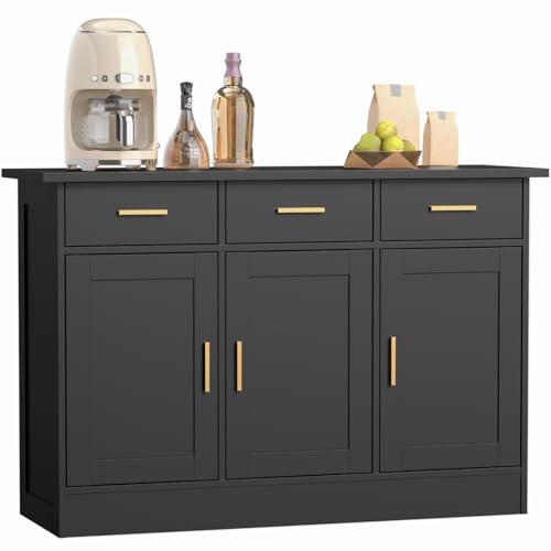 Buffet Cabinet with Storage - Buffets & Sideboards Kitchen Storage Cabinet, Wood Console Table Coffee Bar Accent Cabinets for Living Room Dining Room Entryway Large 3 Doors & Drawers, Black 47.2"W - color: Black, size: 47.2"W