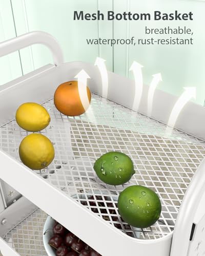 ALVOROG 3 Tier Rolling Cart with DIY Pegboards Metal Utility Cart with Wheels Handles Baskets Hooks, Storage Cart for Office Kitchen Bathroom(White) - color: White