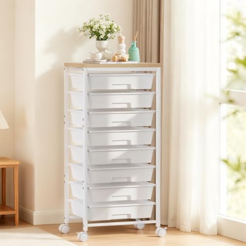Rolling Cart with 8 Drawers, Plastic Drawer Storage Carts with Wheels & Wooden Tabletop, Metal Utility Cart Organizer for Bedroom Living Room Office Classroom Craft Organization and Storage, White - color: Bright White