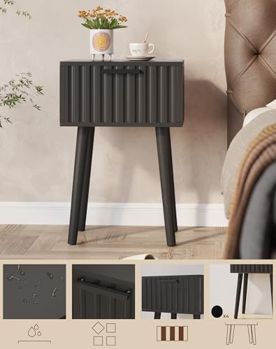 YMYNY Fluted Nightstand Set of 2, Small End Table, Modern Coffee Table with Drawer, Solid Wood Legs, Retaining Chain, 13.8" x 10.6" x 20.9", for Bedroom and Small Spaces, Black UHST014B-2 - color: Black