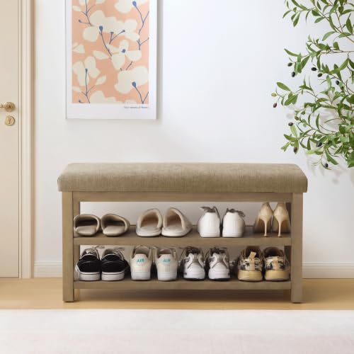 Zihanhome 2 Tier Shoe Rack Bench with Cushion, Solid Wood Shoe Benches, Mid-Century Modern Shoe Storage Bench for Entryway, Hallway, Living Room, Closet, Front Door Entrance, (Brown, 39.4") - color: Brown, size: 39.4"