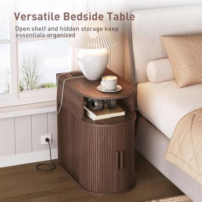 RALGEND Narrow End Table with Charging Station, Fluted Sofa Side Table with Sliding Curved Door and Storage Shelf, Mid-Century Bedside Table, Modern Nightstand for Living Room, Bedroom, Walnut - color: Walnut