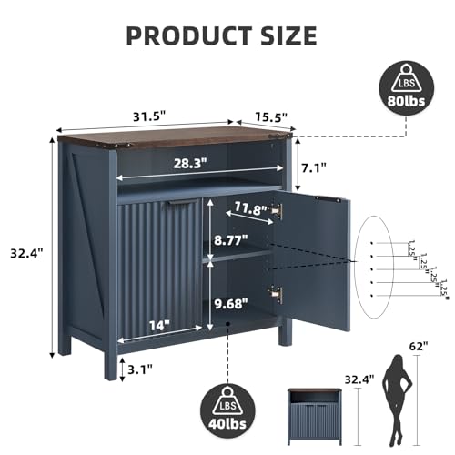 BuildHom 32 Inch Fluted Sideboard Buffet Cabinet with Storage Navy Blue | Coffee Bar Cabinet with Open Shelf and 5-Level Adjustable Shelves, Farmhouse Storage Cabinet for Kitchen and Dining Room - color: Navy Blue