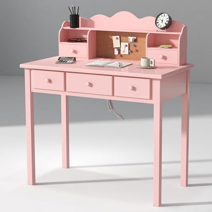 FUNKOCO Home Office Furniture Writing Desk,Computer Work Station with Detachable Hutch,5 Drawers(Pink) - color: 2-pink