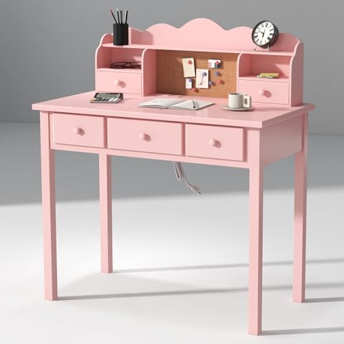 FUNKOCO Home Office Furniture Writing Desk,Computer Work Station with Detachable Hutch,5 Drawers(Pink) - color: 2-pink