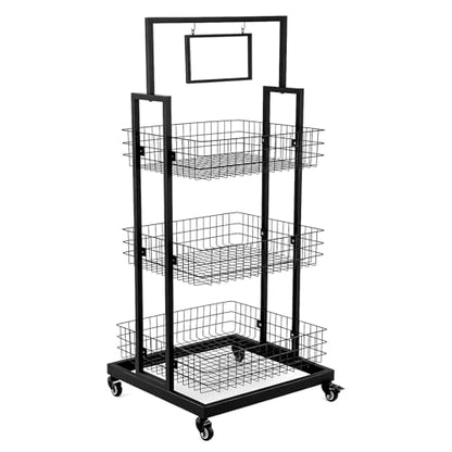 3-Tier Metal Wire Basket Display Cart with Lockable Casters and Blank Sign Holder Multipurpose Storage Rack for Snack Candy Fruit Bakery Convenience Store Kitchen Pantry