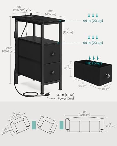 SONGMICS Side Table, Nightstand with Charging Station, End Table with LED Lighting, 2 Drawers, for Living Room, Bedroom, Set of 2, Ink Black, BELLAH Collection ULGS012B101 - color: Ink Black, size: 2 Pack (8.5"D x 18.1"W x 23.8"H)