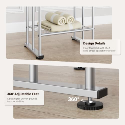ELYKEN 3 Tier Standing Towel Rack, 40'' Tall Towel Drying Rack Outdoor, Freestanding Floor Towel Rack with Shelf, Pool Towel Blanket Stand, Metal Towel Racks for Bathroom freestanding, Smooth Silver - color: Silver