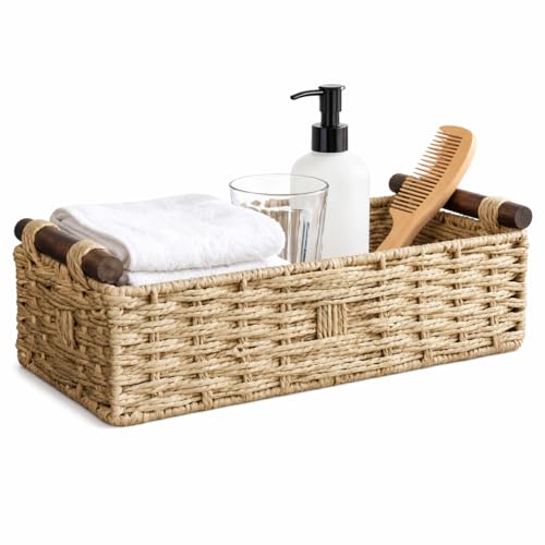 Toilet Tank Basket, Back of Toilet Bathroom Storage Basket | Woven Paper Rope Bathroom Basket with Wood Handles for Toilet Tank Top, Vanity, Shelf, Countertop Organizer for Toiletries - color: Warm Khaki