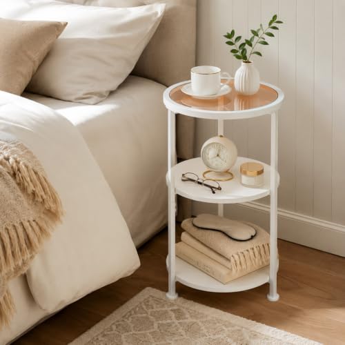 Modern 3-Tier Round End Table with Amber Tempered Glass Top, 11.8" Small Side Table for Living Room, Bedside Nightstand with Metal Frame & MDF Shelves for Small Spaces, White & Gold-Tone Accents - color: White