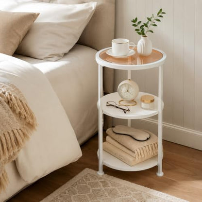 Modern 3-Tier Round End Table with Amber Tempered Glass Top, 11.8" Small Side Table for Living Room, Bedside Nightstand with Metal Frame & MDF Shelves for Small Spaces, White & Gold-Tone Accents - color: White