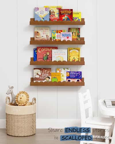 Harwaya Walnut Nursery Book Shelves Wall Set of 4, Dark Wood Scalloped Floating Bookshelf for Wall, Cloud Wooden Hanging Shelving Unit for Kids Bedroom Baby Child Toddler Room Kitchen (Walnut Brown) - color: Walnut