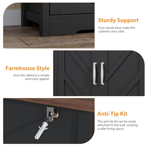 knoworld Buffet Sideboard with Storage Farmhouse with 4 Doors, 47'' Large Kitchen Storage Cabinet Wood Coffee Bar Cabinet Buffet Table with Shelves for Kitchen, Dining Room, Entryway, 47" W Black