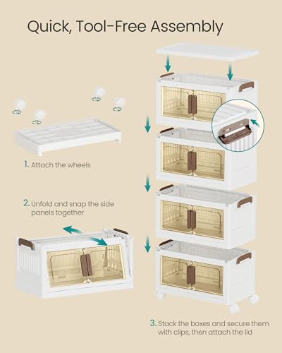 SONGMICS 26QT Plastic Storage Bins with 1 Lid, 4-Tier Stackable Bins with Doors and Wheels, Foldable Storage Boxes, for Closets, Bedroom, Living Room, Office, White URLB445WZ01 - size: 4 x 26QT