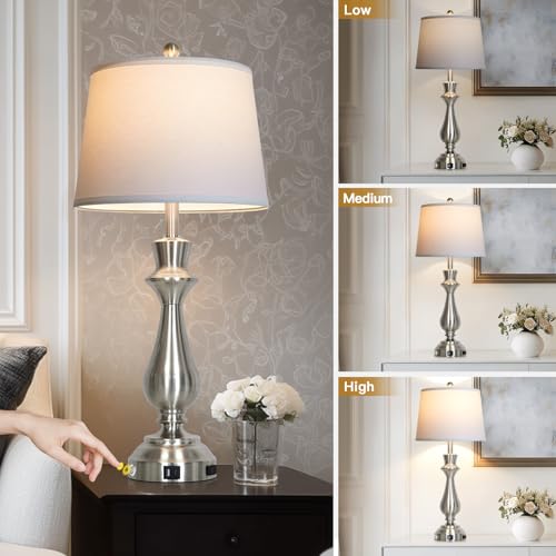 Silver Touch Lamps for Night Stands Set of 2-29.5" Tall Bedside Lamp with USB C+A, 3 Way Dimmable Bedroom Lamps, Brushed Nickel Table Lamps for Living Room - color: Silver