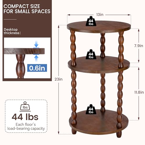 Small Round Side Table, 3-Tier Solid Wood End Table with Storage Shelf, Modern Bedside Tables Night Stand for Living Room, Bedroom, College Dorm, Small Space (Rustic Brown) - color: Rustic Brown