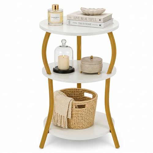 Vintage Small Round Side Table,3-Tier Slim Waist End Table for Small Spaces | Circular Table with Storage Shelf,Compact Tea Sofa Table Corner Table Nightstand for Living Room Bedroom ,White+Gold - color: White+gold, style: Classic
