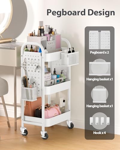 ALVOROG 3 Tier Rolling Cart with DIY Pegboards Metal Utility Cart with Wheels Handles Baskets Hooks, Storage Cart for Office Kitchen Bathroom(White) - color: White