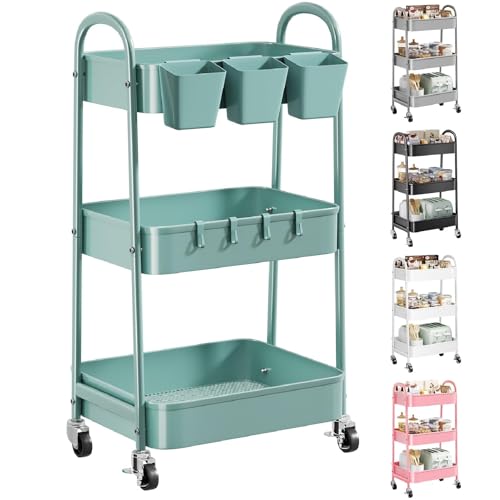 3 Tier Green Metal Rolling Cart with Lockable Wheels and Handle, 3 Tiered Utility Storage Organizer Carts for Teachers, Arts, Craft, Snack, Book, Bedside, Nursery, Cleaning Supplies, Easy Assembly - color: Elegant Green, size: 3 tier