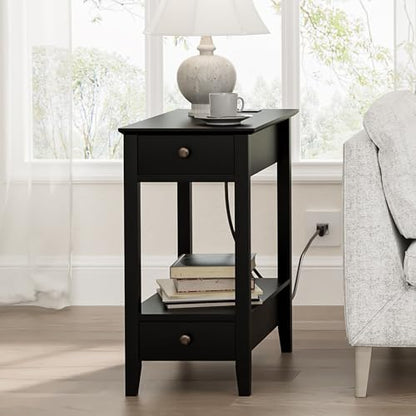 Treocho End Tables Living Room Set of 2 with Charging Station and 2 Drawers | Narrow Side Table with Ample Storage, Sofa Bedside Table for Small Spaces, Living Room, Bedroom, Black - color: Black