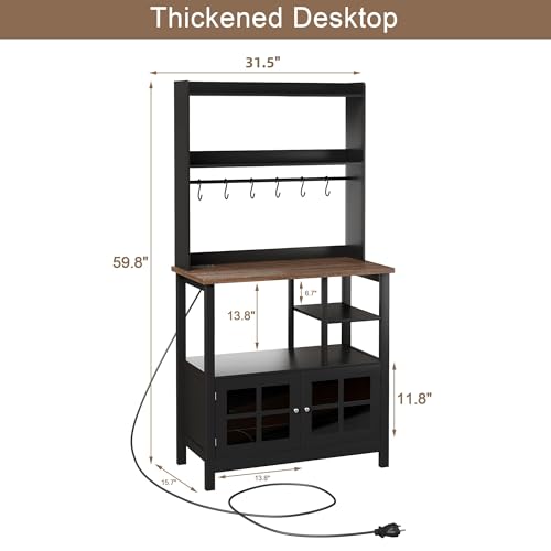 ChooChoo Farmhouse Coffee Bar Cabinet with Storage, Bakers Rack with Power Outlets, Microwave Stand Kitchen Cabinet with Hutch and 6 Hooks, Black - color: Black