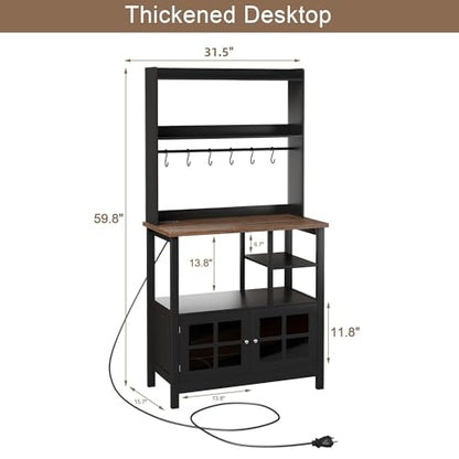 ChooChoo Farmhouse Coffee Bar Cabinet with Storage, Bakers Rack with Power Outlets, Microwave Stand Kitchen Cabinet with Hutch and 6 Hooks, Black - color: Black