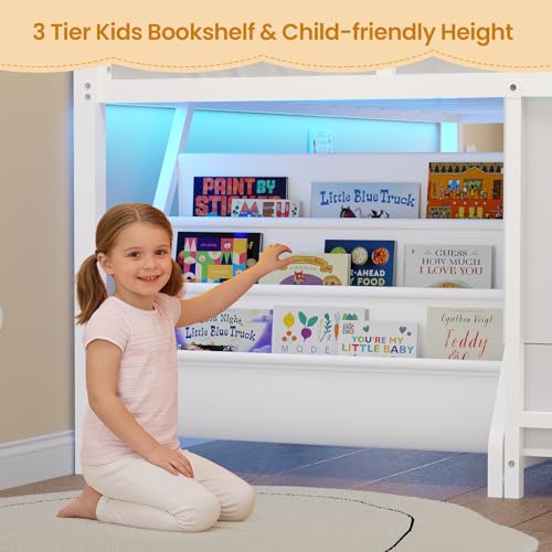 BTHFST Low Loft Bed Twin Size with 3 Storage Drawers, 3-Tier Kids Bookshelf, 5 Open Cubbies and 2 LED Lights Strips, Metal Kids Loft Bed with High Safety Guardrail, Inclined Ladder and Play Area - color: White
