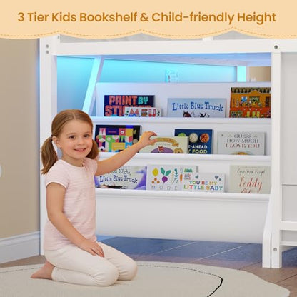 BTHFST Low Loft Bed Twin Size with 3 Storage Drawers, 3-Tier Kids Bookshelf, 5 Open Cubbies and 2 LED Lights Strips, Metal Kids Loft Bed with High Safety Guardrail, Inclined Ladder and Play Area - color: White