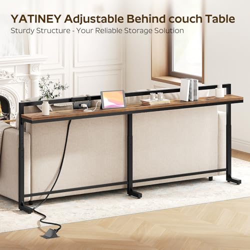 78.7'' Narrow Console Table with Adjustable Height (27.6''-35.4''), Behind Couch Table Skinny with Outlet, Long Entryway Table, Couch Table Behind Sofa for Living Room, Rustic Brown CT22UBR - color: Rustic Brown + Black, size: 78.7"L x 6.7"W x 27.6"H - 35