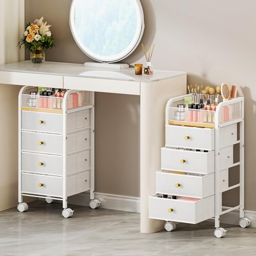 SWTYMIKI Rolling Makeup Organizer Cart - Under Desk Vanity Makeup Storage with 4 Non-woven Drawers, Nail Cart Organizer Cosmetic Display Cases Cabinet for Skin Care Perfume Nail Polish Brush Hair Tool - color: White, size: 5-Tier