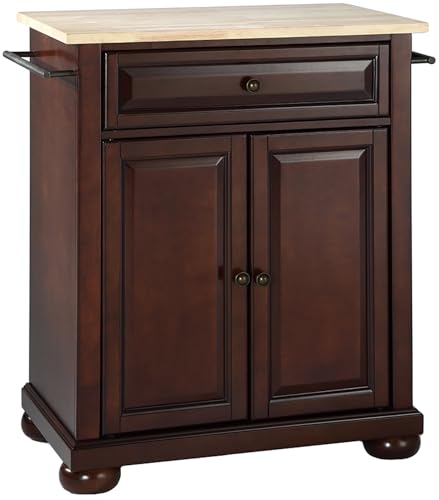 Crosley Furniture Alexandria Wood Top Small Portable Rolling Kitchen Island Storage Cart, Microwave Stand, Mahogany - color: Mahogany, style: Natural Wood Top