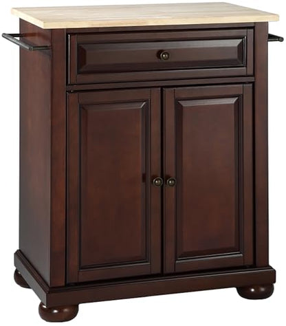 Crosley Furniture Alexandria Wood Top Small Portable Rolling Kitchen Island Storage Cart, Microwave Stand, Mahogany - color: Mahogany, style: Natural Wood Top