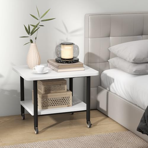 Tangkula Printer Stand with Storage, Under Desk Printer Table with 4 Wheels & Locking Mechanism, 2-Tier Rolling End Table Storage Rack for Bedroom, Living Room, Study - color: White