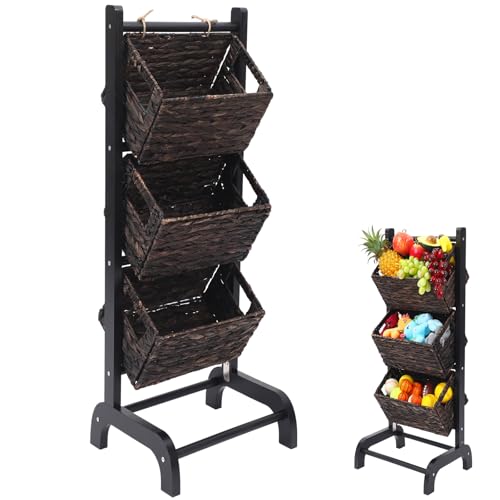 Wicker 3 Tier Foldable Storage Basket Floor Rack with Market Storage Basket Water Hyacinth Storage Rack Hand Woven Laundry Rack for Bathroom Kitchen Laundry Room Living Room Storage (Brown) - color: Brown
