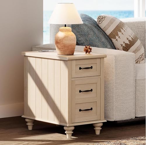 WAMPAT Beige End Table with Charging Station, Narrow Side Table with 1 Drawer &1 Storage Cabinet, Mid Century Modern Nightstand with Power Outlets & USB Ports for Living Room, Bedroom - color: Beige