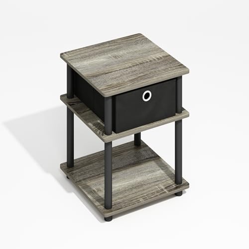 Furinno Turn-N-Tube Side Table, 3-Tier Square Modern End Table with Storage Bin, Open Shelf Night Stand, Bedside Table, Easy Assembly, Grey Oak - color: Grey Oak/Black/Black, size: 3-Tier With Storage Bin