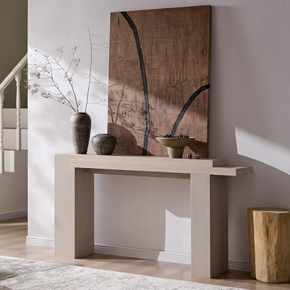 OKD 63" Modern Geometric Console Table with Layered Top, White Alder | Extended Layered Top, Sturdy Support Legs, Entryway, Hallway, Foyer, Living room, Behind Sofa - color: White Alder