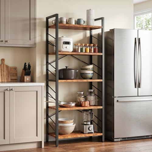 DurayLoly 2 Pieces 5 Tier Bookshelf for Narrow Space, Rustic Brown | Small Space Dwellers , Sidebars and Metal Frame - color: Rustic Brown, size: 5 Tier - 2 pcs